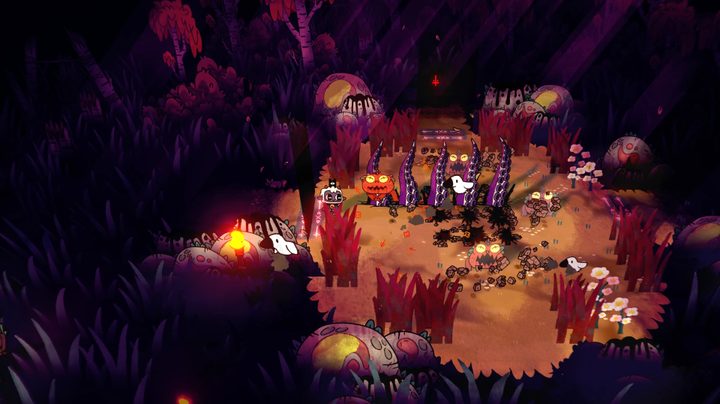 Attacking enemies in a dungeon in Cult of the Lamb.