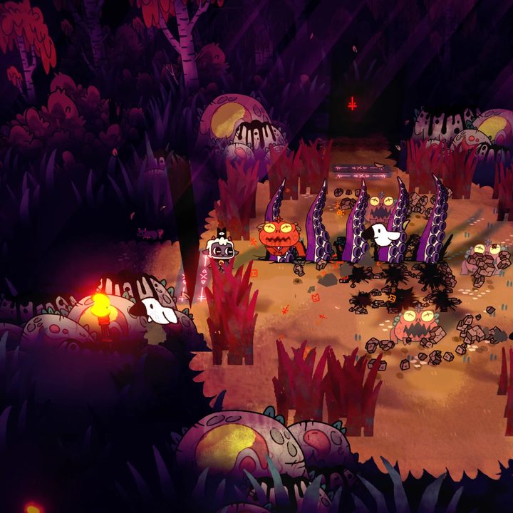 Attacking enemies in a dungeon in Cult of the Lamb.