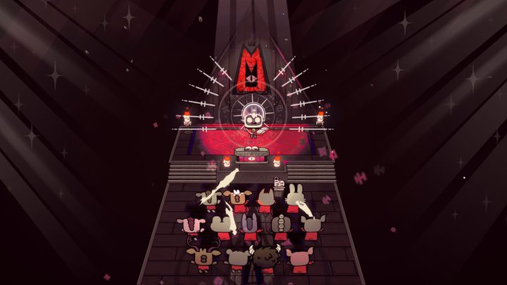 A group of animals praise a lamb in Cult of the Lamb.