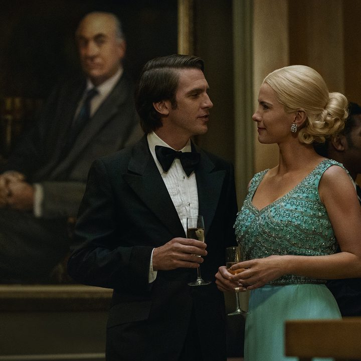 Dan Stevens and Betty Gilpin look at each other in Gaslit.