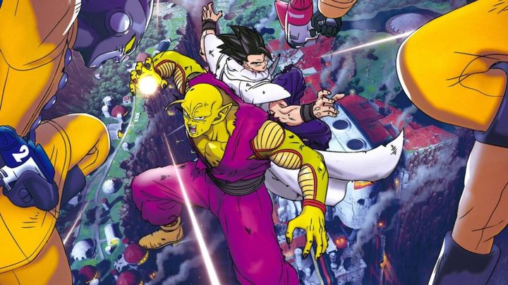 Promo still of Piccolo and Gohan fighting Gamma 1 and 2 in Dragon Ball Super: Super Hero.