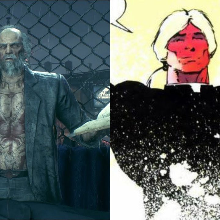 Split image of Deacon Blackfire in Arkham Knight and preaching to a bound Batman in The Cult