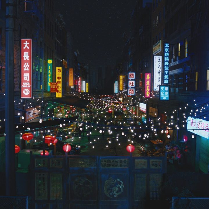 An image of Chinatown from the DMZ series after visual effects were applied to it.