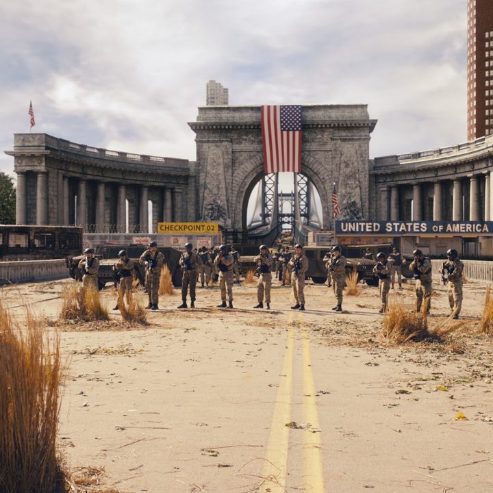 An image from the DMZ series featuring actors against a city backdrop after visual effects were created for it.