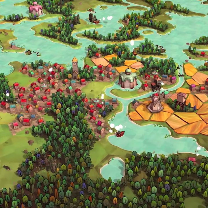 A Dorfromantik board shows trees and rocks.
