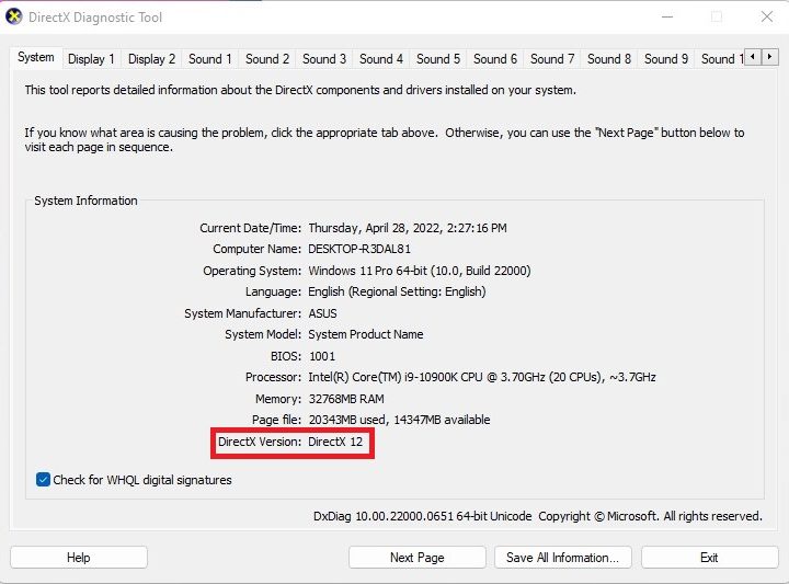 DXdiag menu in Windows 11.