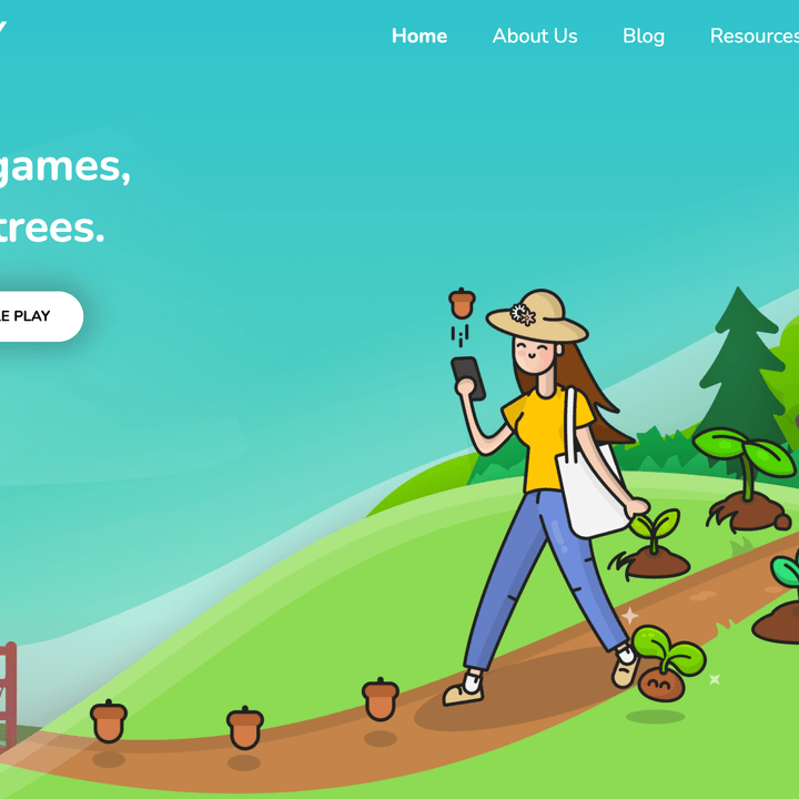 a screenshot of artwork of woman walking along a path planting trees