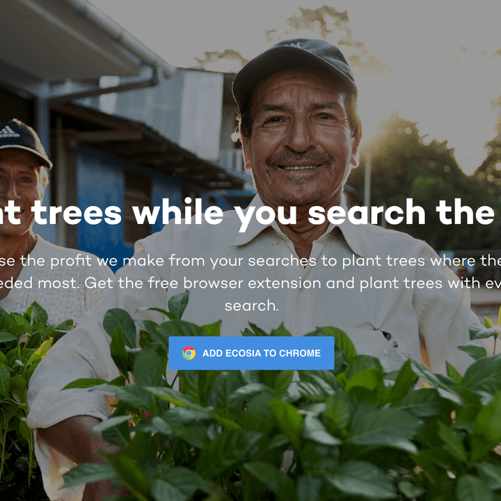 Ecosia's homepage, promising to plant a tree for every search entered