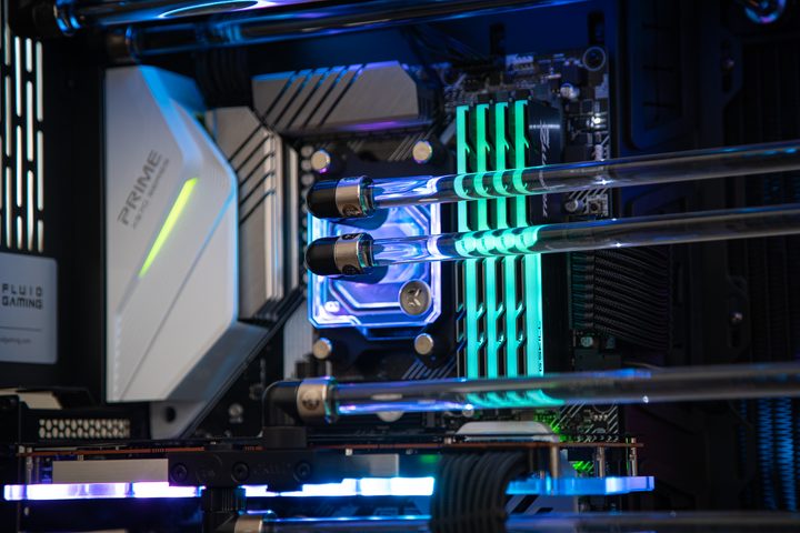 Custom water cooling inside a gaming PC.