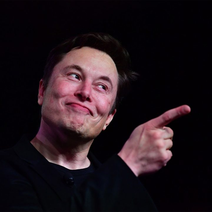 Elon Musk smirks while pointing.
