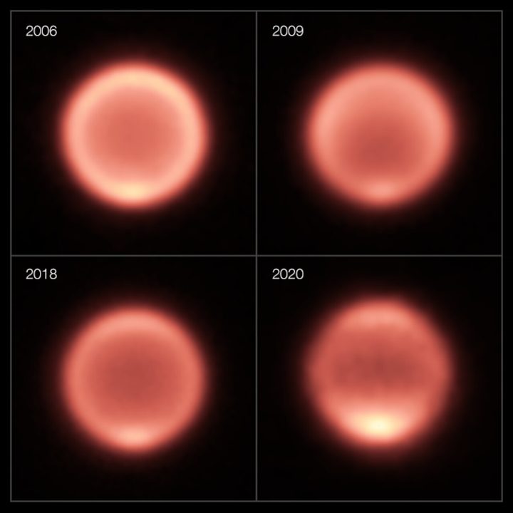 This composite shows thermal images of Neptune taken between 2006 and 2020. The first three images (2006, 2009, 2018) were taken with the VISIR instrument on ESO’s Very Large Telescope while the 2020 image was captured by the COMICS instrument on the Subaru Telescope (VISIR wasn’t in operation in mid-late 2020 because of the pandemic). After the planet’s gradual cooling, the south pole appears to have become dramatically warmer in the past few years, as shown by a bright spot at the bottom of Neptune in the images from 2018 and 2020.