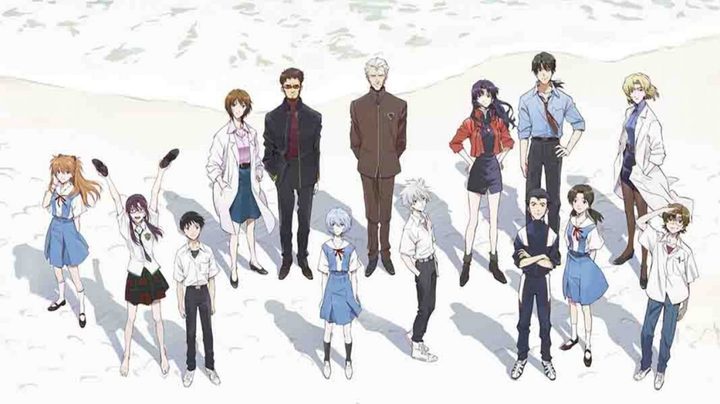 The main cast of Evangelion on the beach in "Evangelion 3.0+1.0 Thrice Upon a Time" key art.