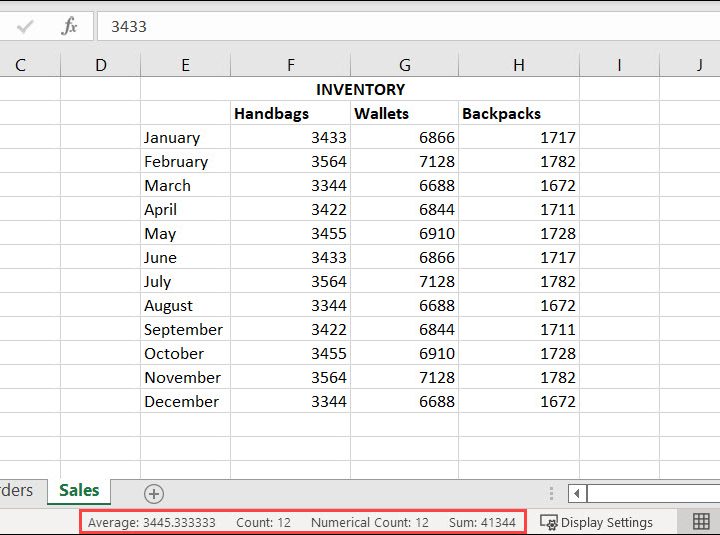 Calculated values in the Excel Status Bar.