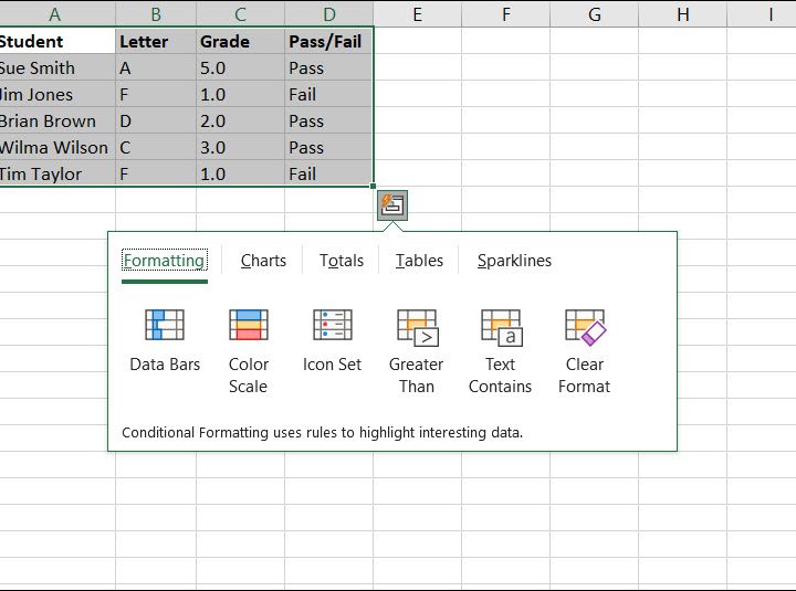 Quick Analysis actions in Excel.