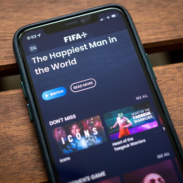 FIFA Plus streaming app on an iPhone.