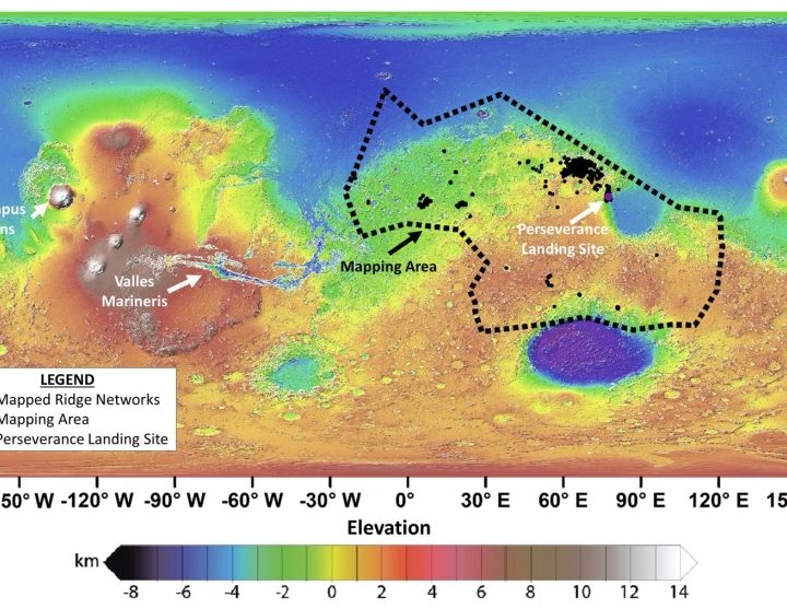 Map of polygonal ridge networks (black dots) identified in mapping area (dashed black outline), covering approximately a fifth of Mars’ total surface area.