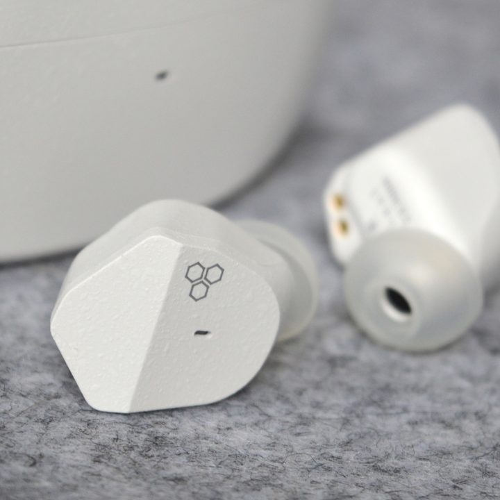 Close-up of the Final Audio ZE3000 wireless earbuds.
