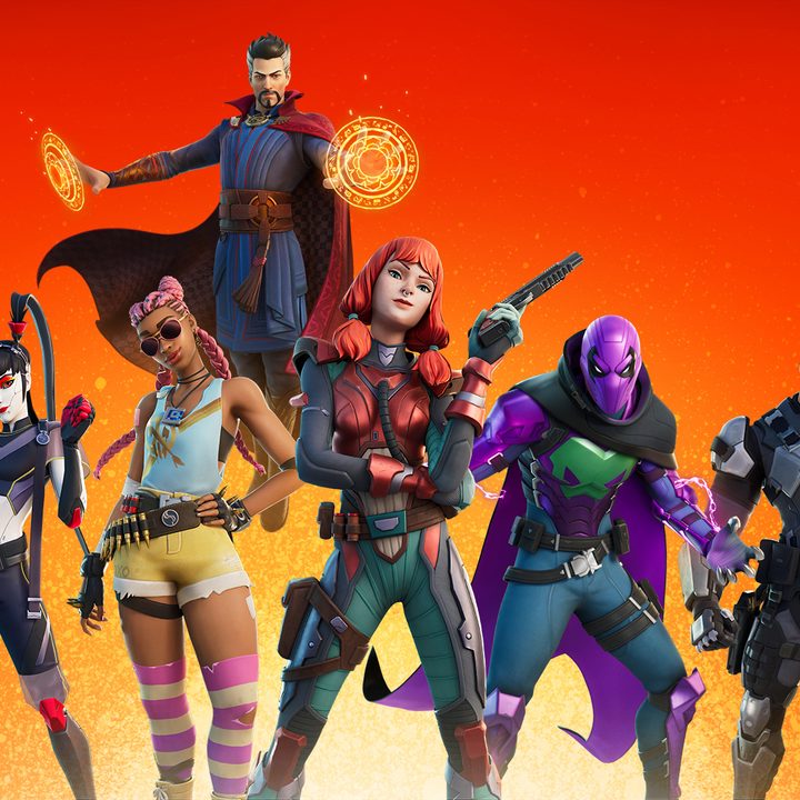 Characters from Fortnite's new battle pass standing together including Doctor Strange and Spider-Man's Prowler.