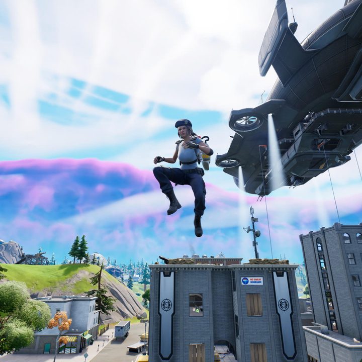 Flying with jetpack in Fortnite.