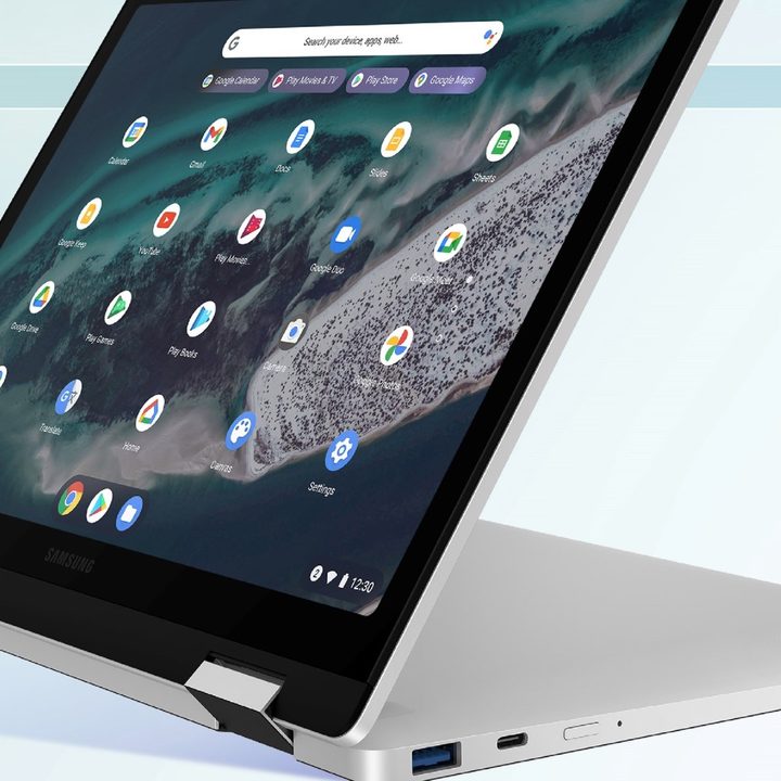 The Galaxy Chromebook 2 360 on a while background.