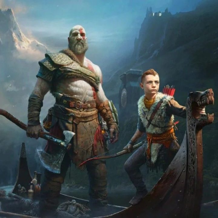 Kratos and Atreus riding in a boat together in God of War promo art.