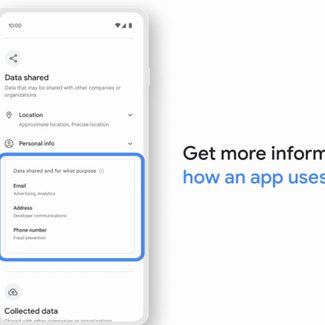 A phone displaying the Play Store's new Data Privacy tab new to text that reads, "get more information about how an app uses data."