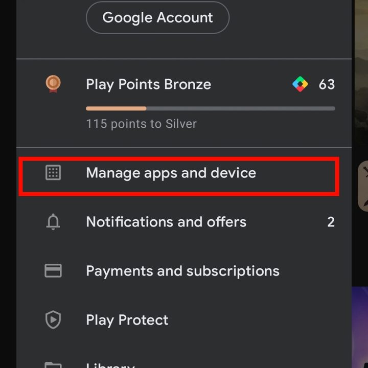 Google Play Store Manage apps and devcies menu.