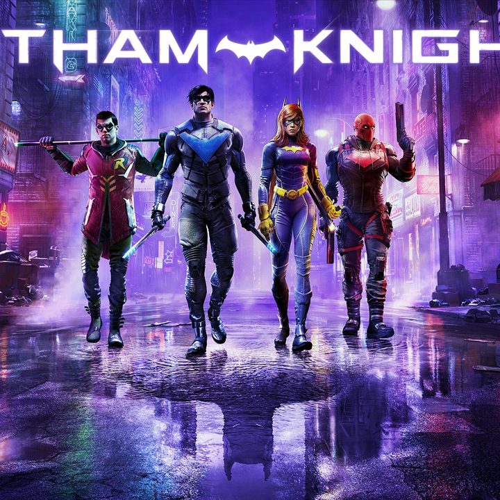 The four heroes of Gotham Knights walking in a purple street below text of the game's title.