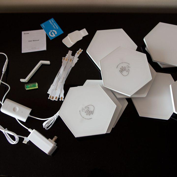 Govee Hexa Glide Light Tile box contents laid out on table.