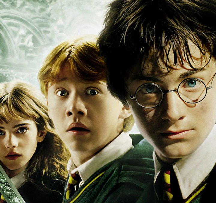 Hermione, Ron, and Harry on the poster for HP and the Chamber of Secrets