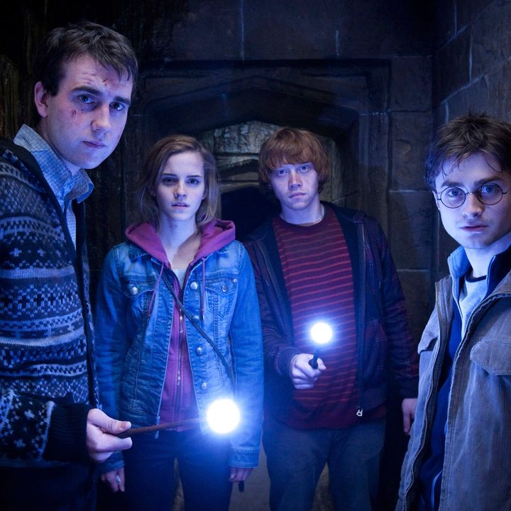 Neville, Hermione, Ron, and Harry inside a dark tunnel in HP and the Deathly Hallows Part 2.