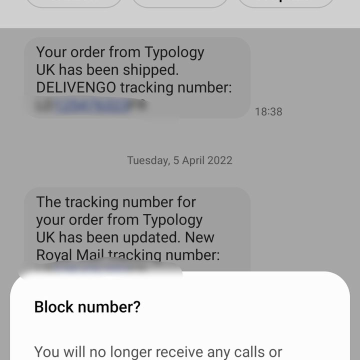 Confirmation of blocking a number on Samsung.