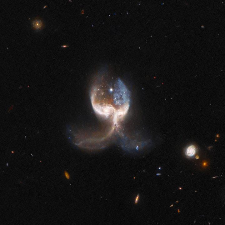 This image from the NASA/ESA Hubble Space Telescope features two merging galaxies in the VV-689 system, nicknamed the Angel Wing.