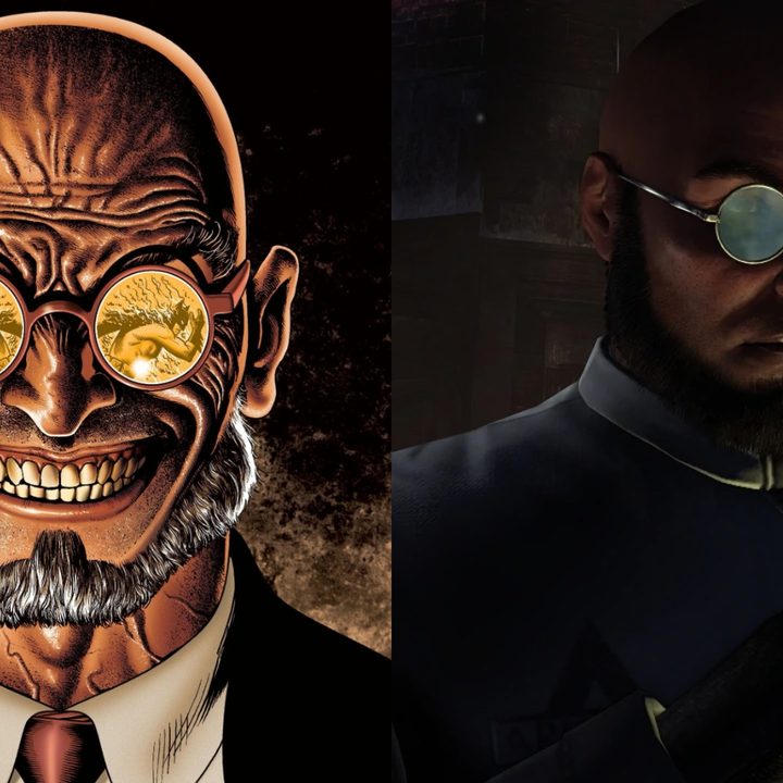 Split image of Hugo Strange comic book art and in Arkham City