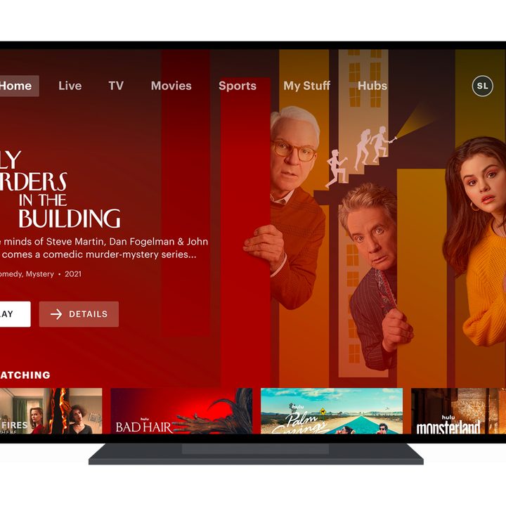 Hulu homepage on a TV with Only Murders in the Building cast.