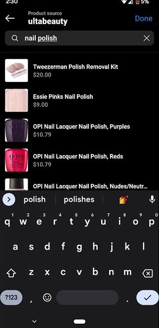 A pair of Instagram for Android screenshots showing product tagging feature.