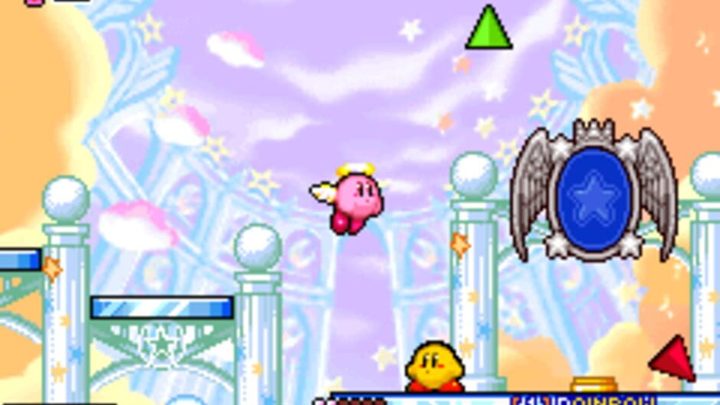 Kirby flying above another yellow Kirby in Kirby & the Amazing Mirror.