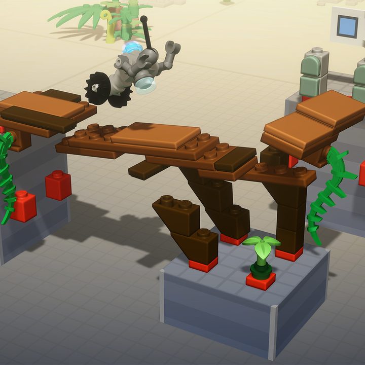 A robot falls off a bridge of legos in Lego Bricktales