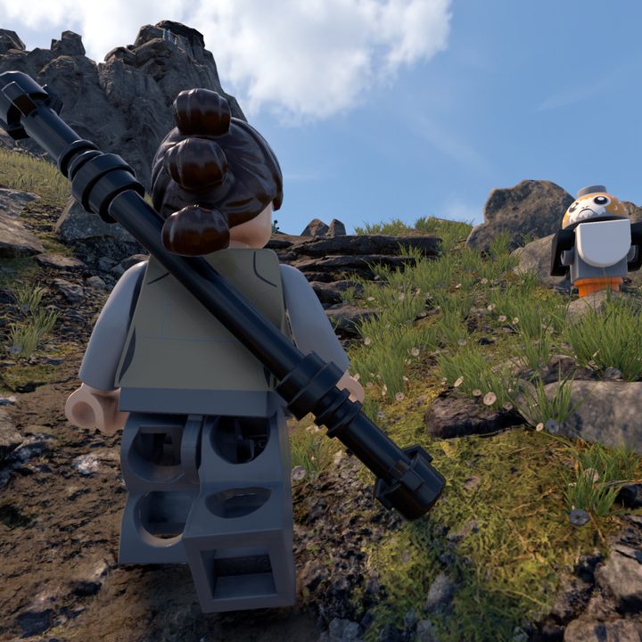 Rey explors Ahch-To in Lego Star Wars: The Skywalker Saga.
