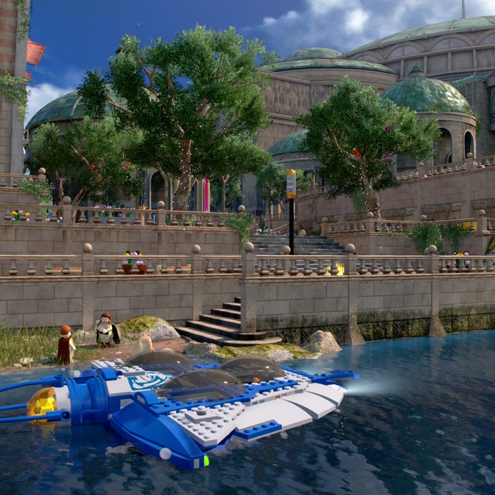 Qui-Gon, Obi-Wan, and Jar Jar Binks in Theed on Naboo in Lego Star Wars: The Skywalker Saga.