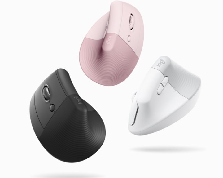 Three Logitech Lift Vertical mice over a white background.