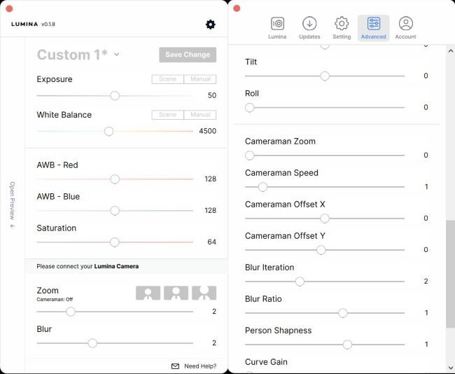 The Lumina Plus Camera advanced app settings
