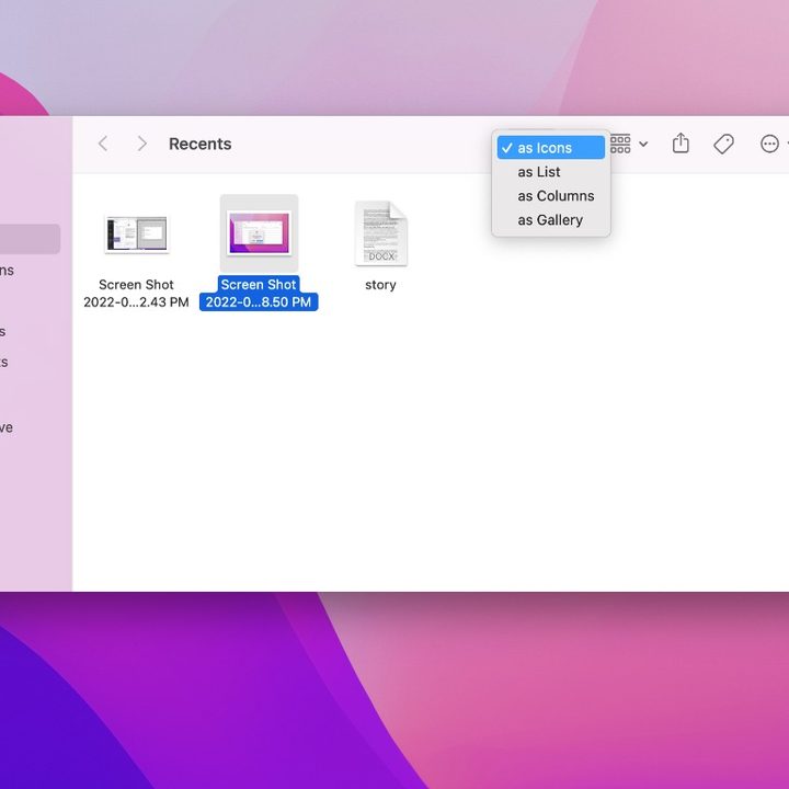 Changing the finder views in MacOS.