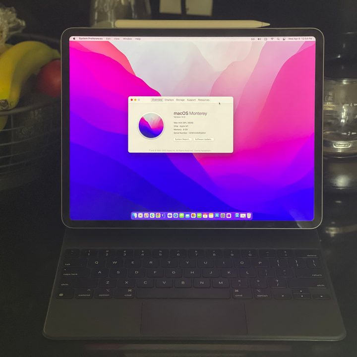 MacOS on an iPad sitting in a kitchen.