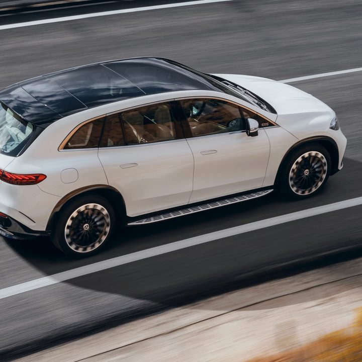 Rear overhead view of the Mercedes-Benz EQS SUV.