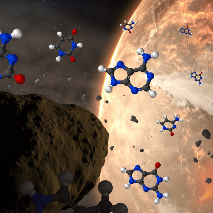 Conceptual image of meteoroids delivering nucleobases to ancient Earth. The nucleobases are represented by structural diagrams with hydrogen atoms as white spheres, carbon as black, nitrogen as blue and oxygen as red.