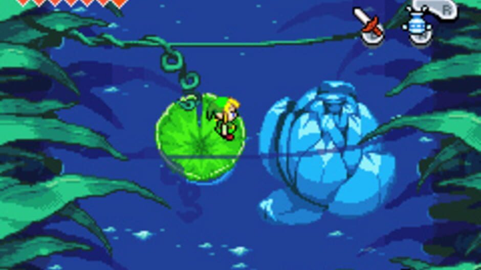 A shrunken down Link stands on a lilly pad in The Legend of Zelda: The Minish Cap.