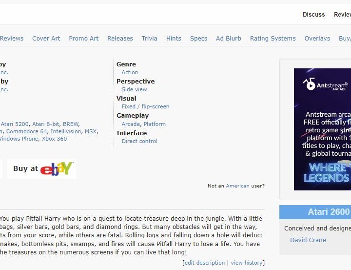 The MobyGames page for Pitfall shows details about the game.