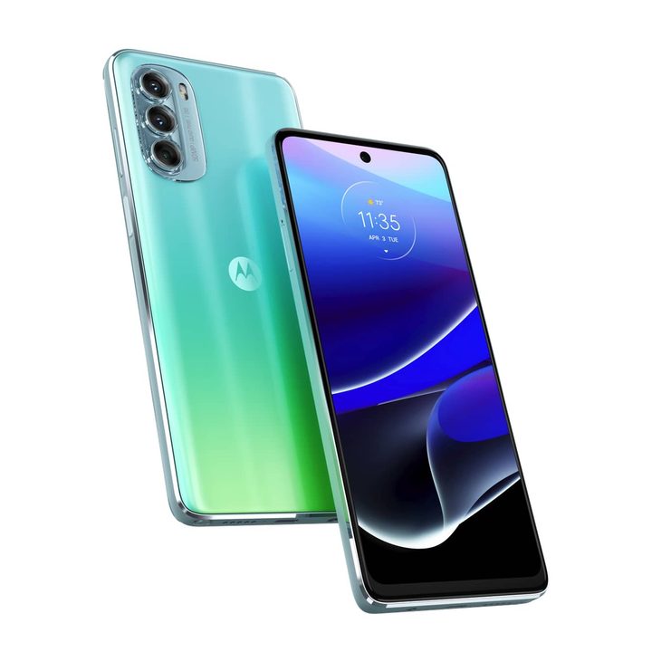 Front and rear view of seafoam green Moto G Stylus 5G.