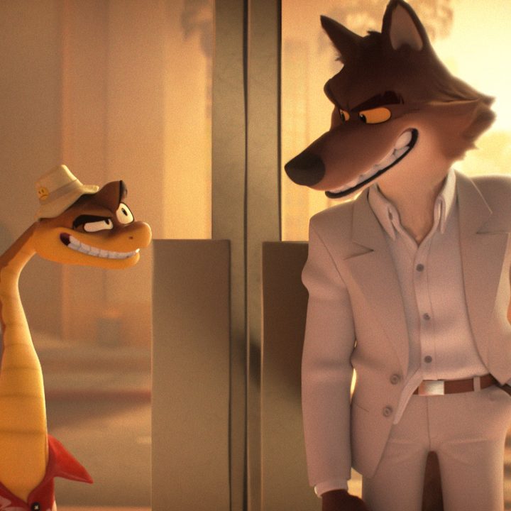 Mr. Snake and Mr. Wolf stand together in front of a diner's doors in The Bad Guys.